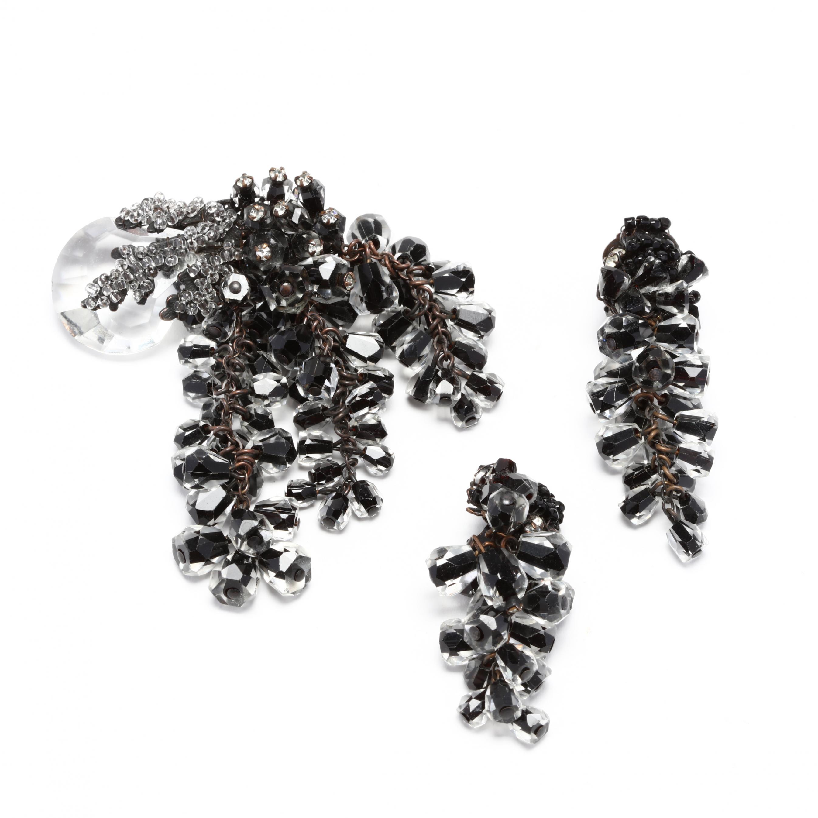 vintage-black-and-clear-costume-earrings-and-brooch-miriam-haskell