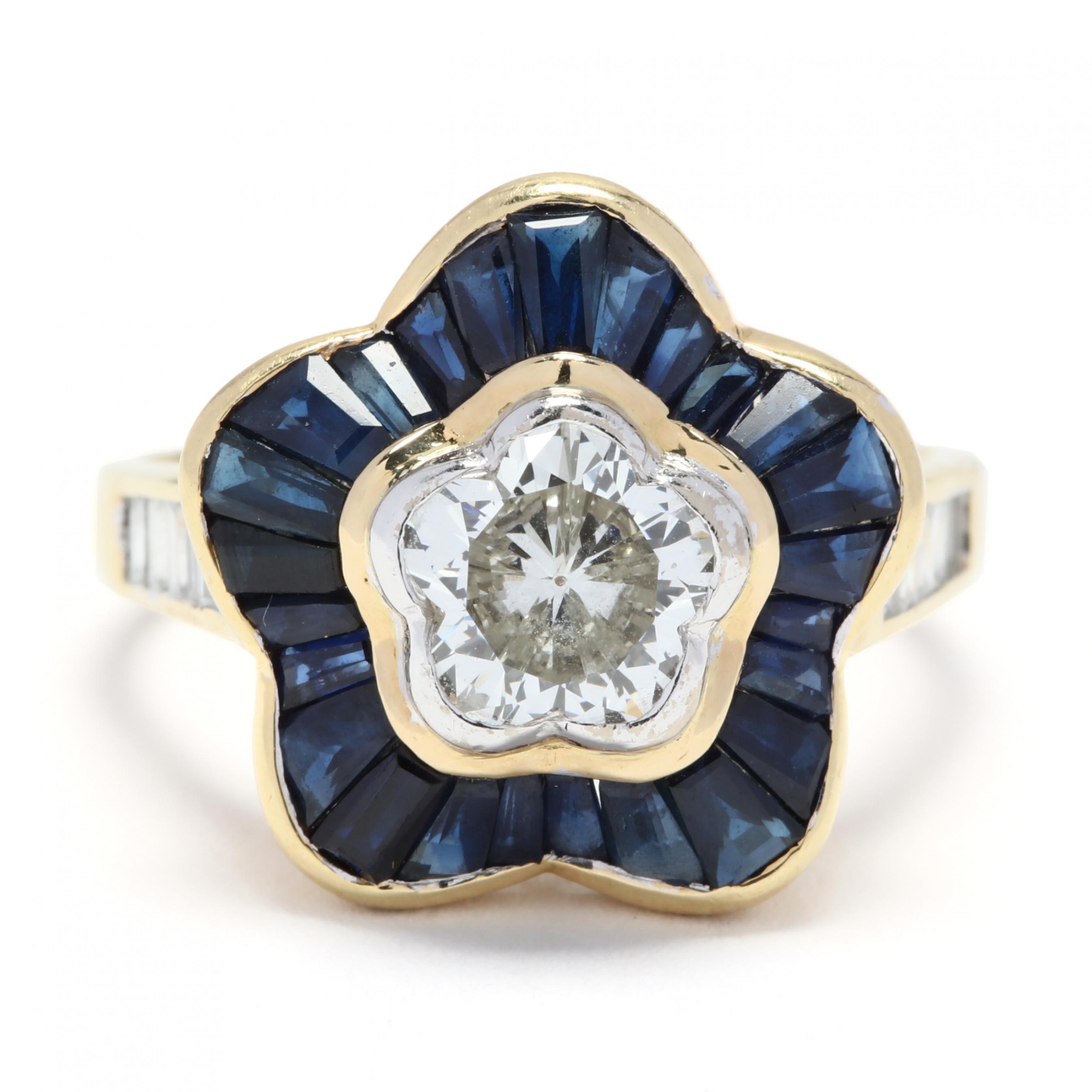 18kt-gold-flower-cut-diamond-and-sapphire-ring